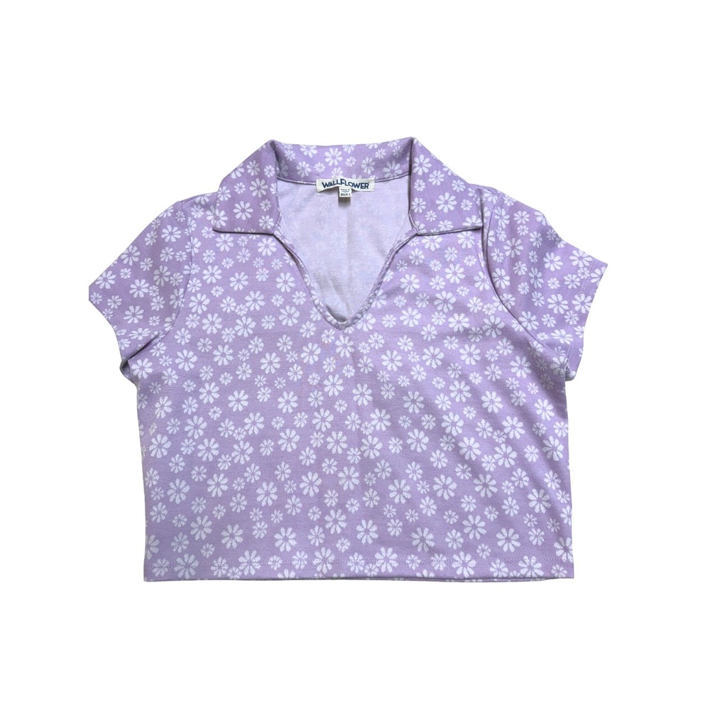 Wallflower Kids Girls Lavender Daisy Print Cropped Polo Shirt Top Size L